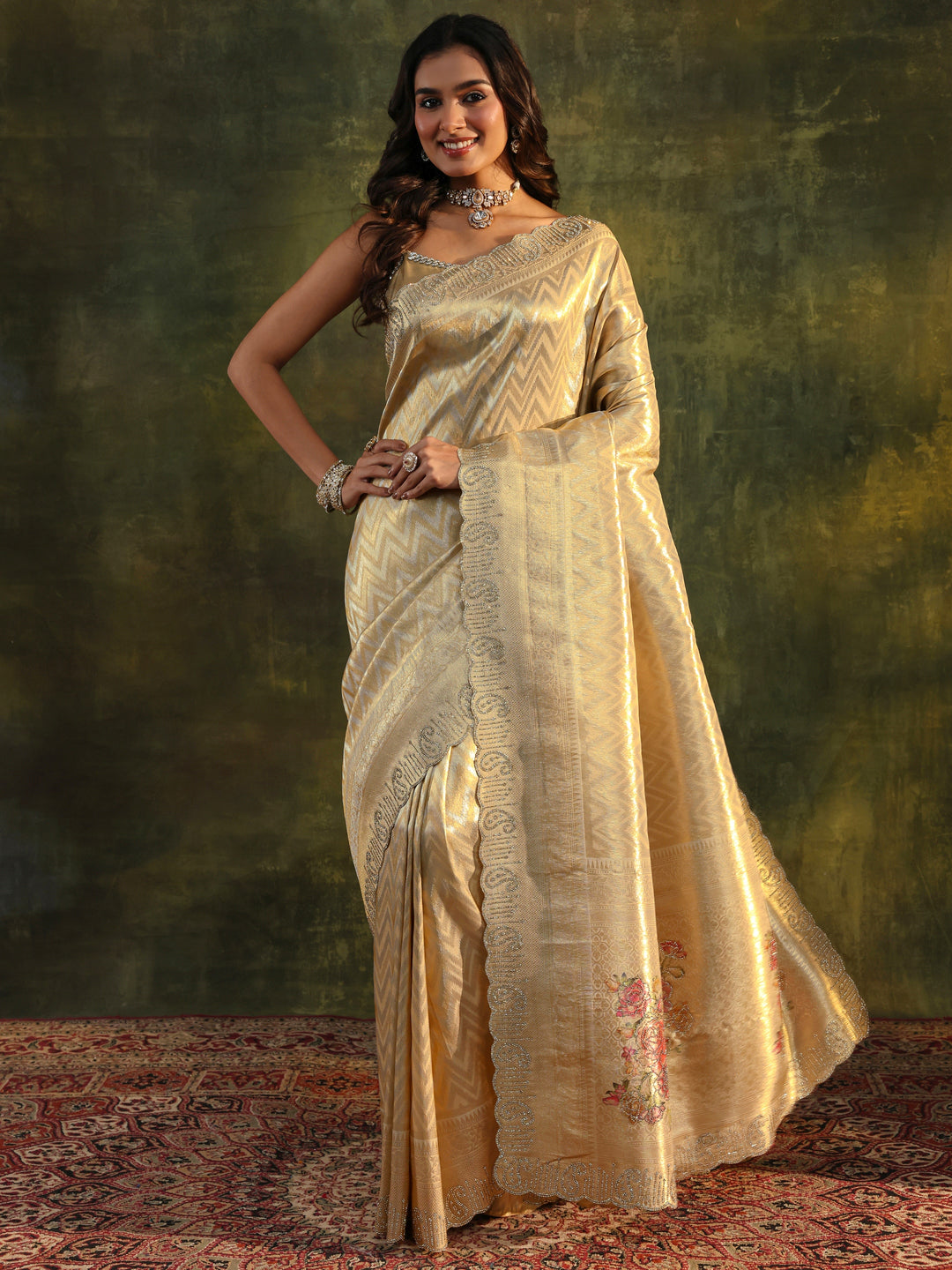  Gold Floral Embellished Silk Saree With Unstitched Blouse Piece 