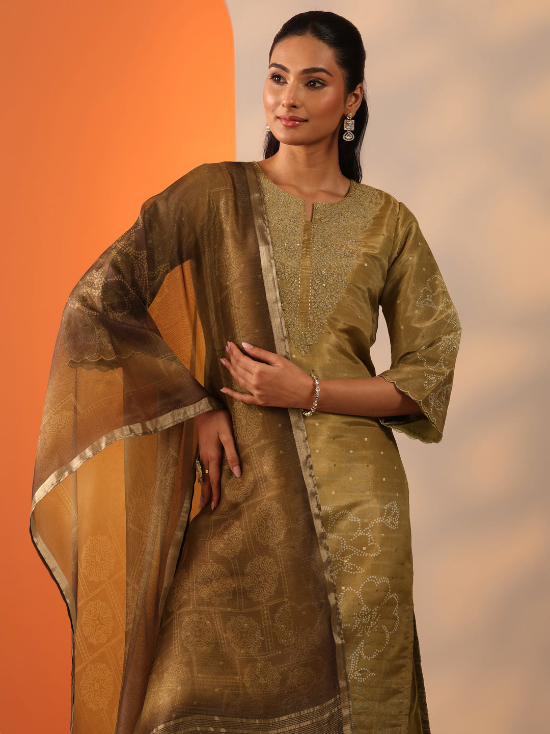 Gold Printed Silk Blend Straight Suit Set With Dupatta