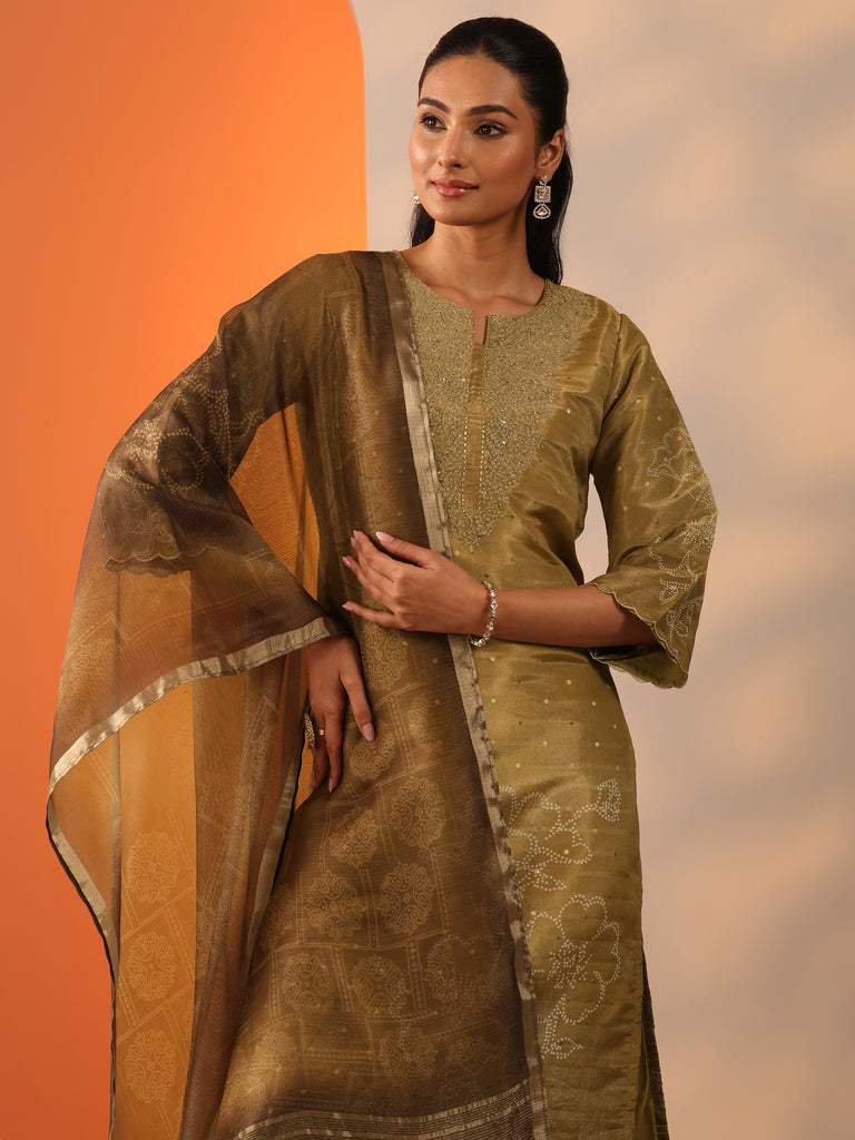 Gerua Gold Printed Silk Blend Straight Suit Set With Dupatta
