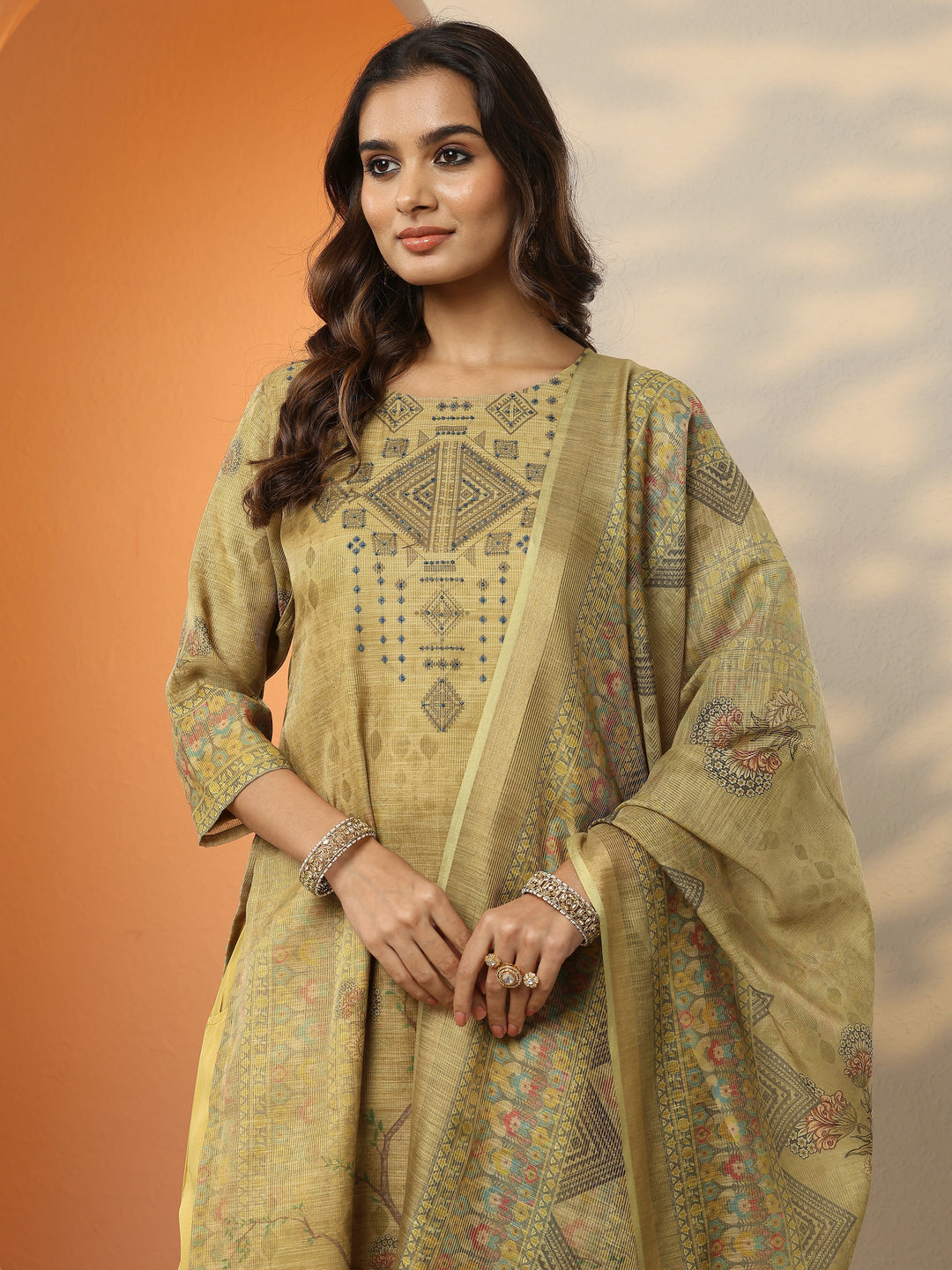 Gold Printed Silk Blend Straight Suit Set With Dupatta