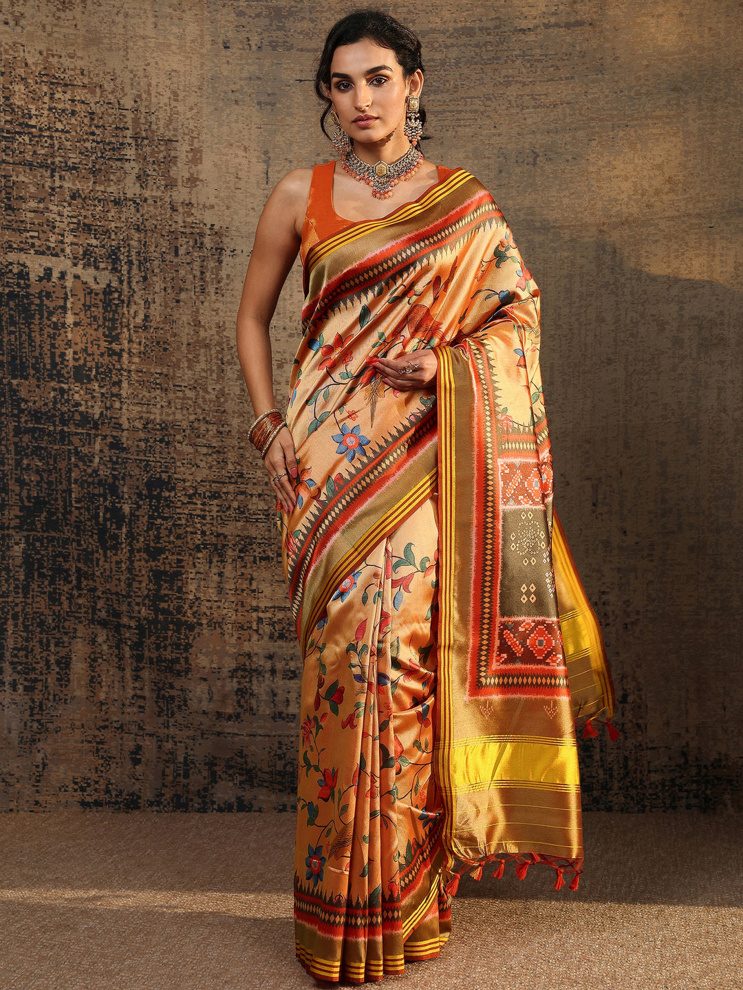  Gold Printed Silk Saree With Unstitched Blouse Piece 