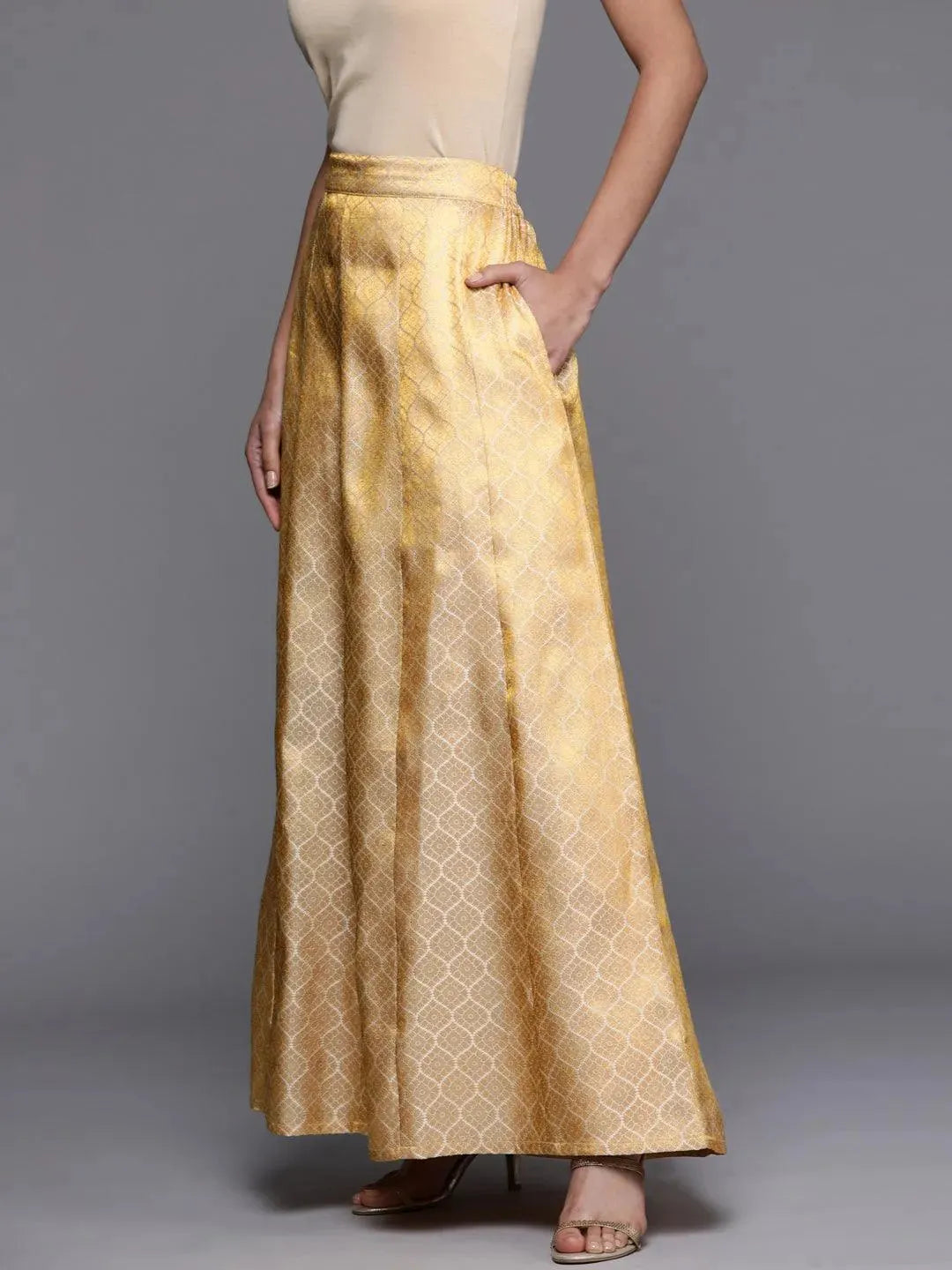 Gold Self Design Brocade Skirt - Libas 
