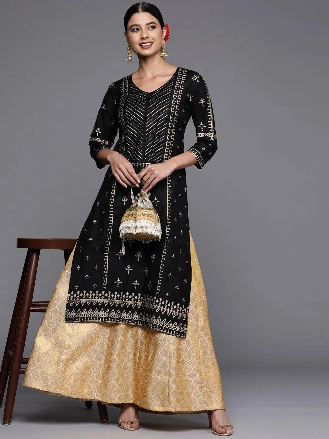 Gold Self Design Brocade Skirt - Libas 