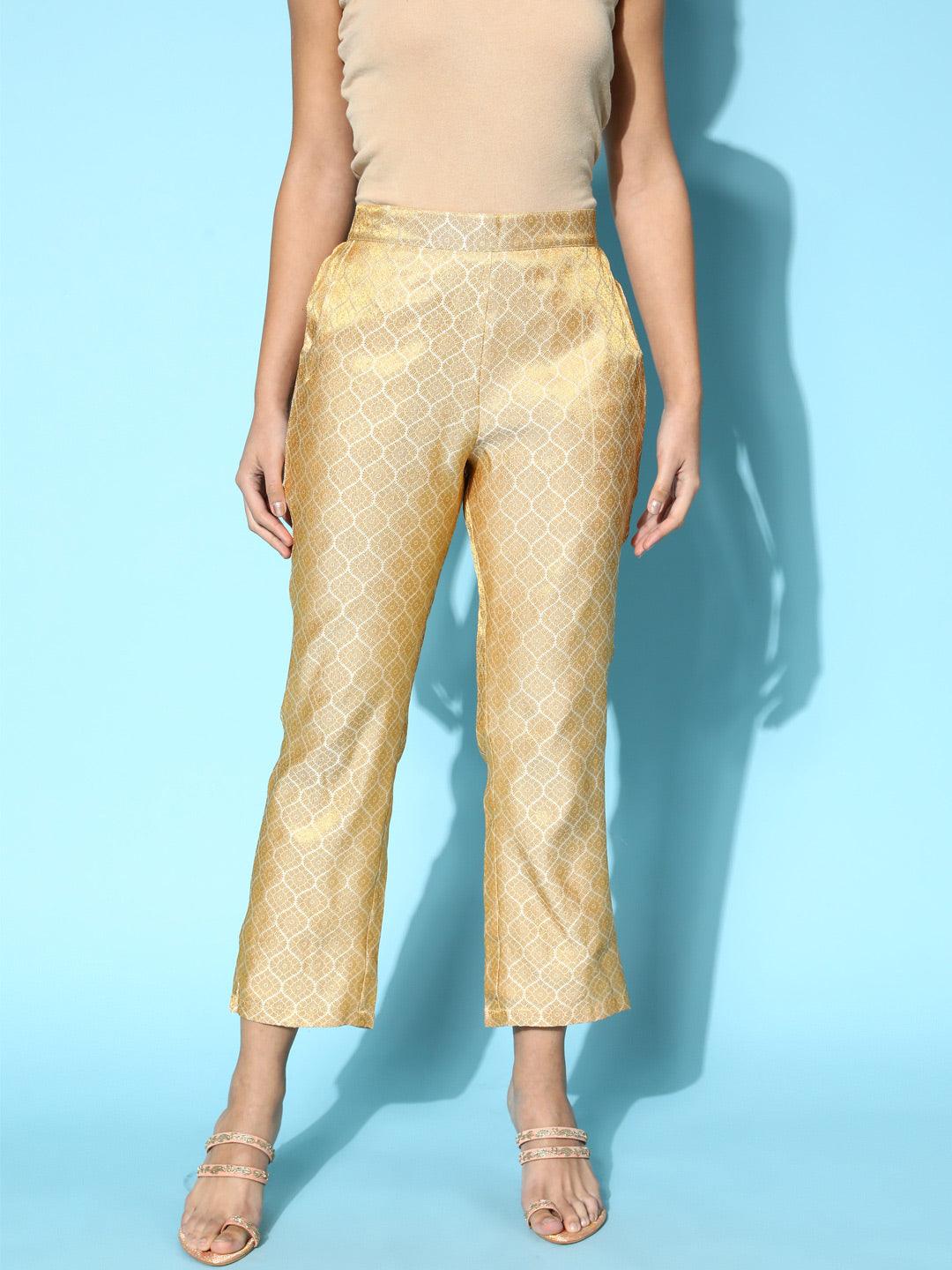 Gold Self Design Jacquard Trousers - Libas