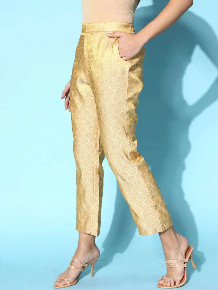 Gold Self Design Jacquard Trousers - Libas