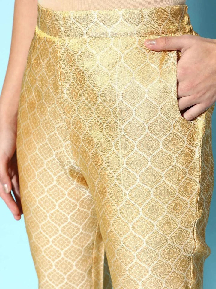 Gold Self Design Jacquard Trousers - Libas