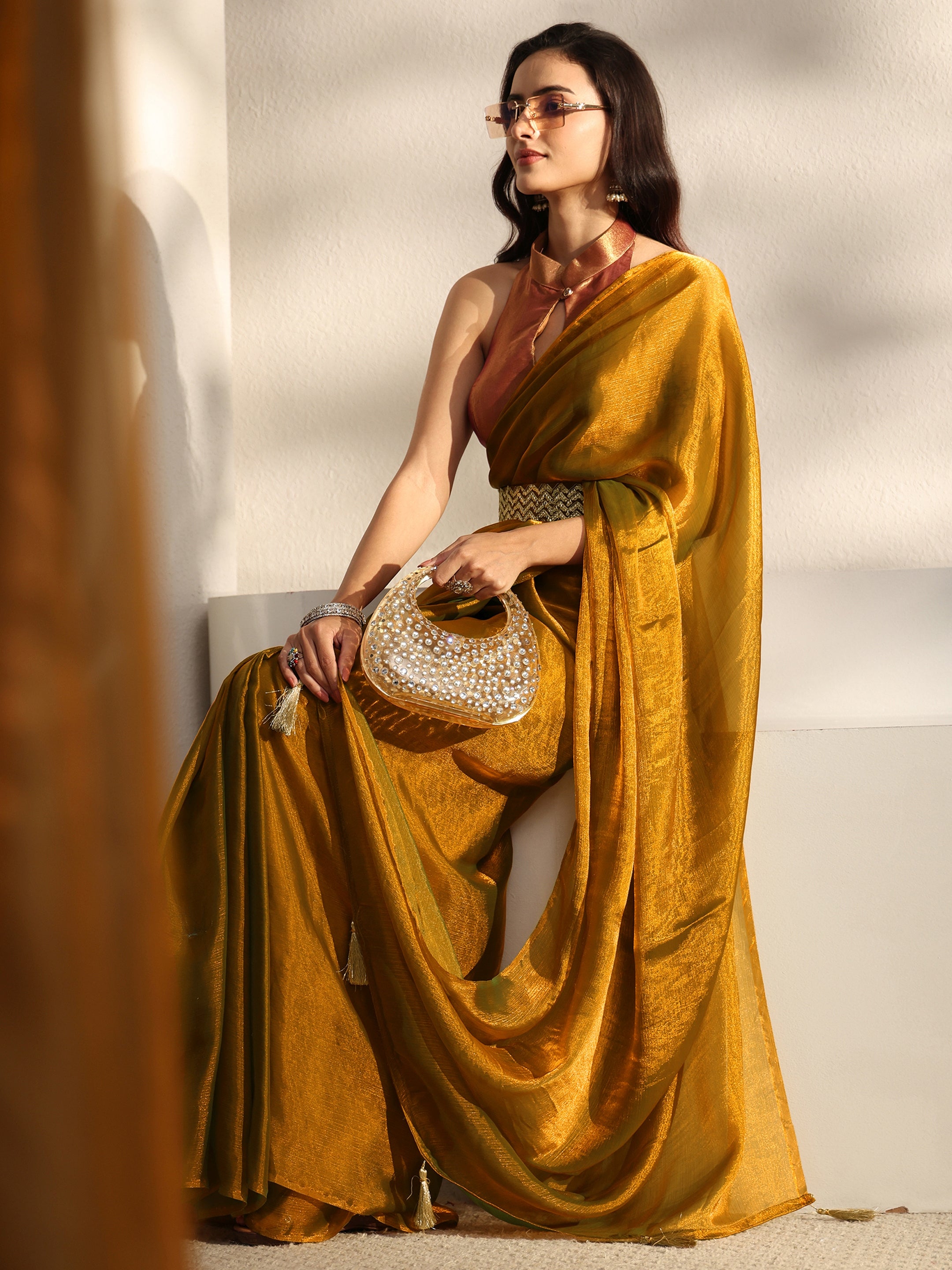 Gold Solid Chiffon Saree With Unstitched Blouse Piece And Waistbelt-image-36