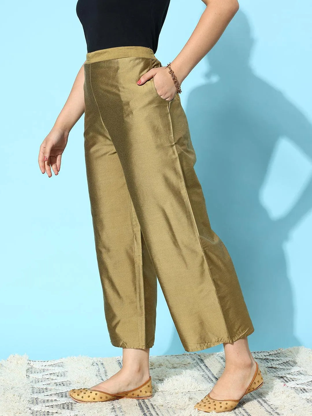 Gold Solid Silk Palazzos - Libas