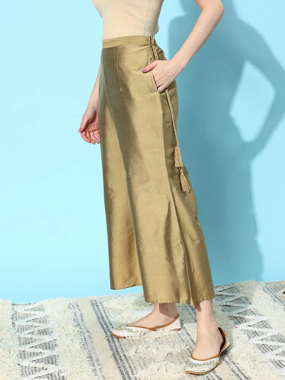 Gold Solid Silk Palazzos - Libas 