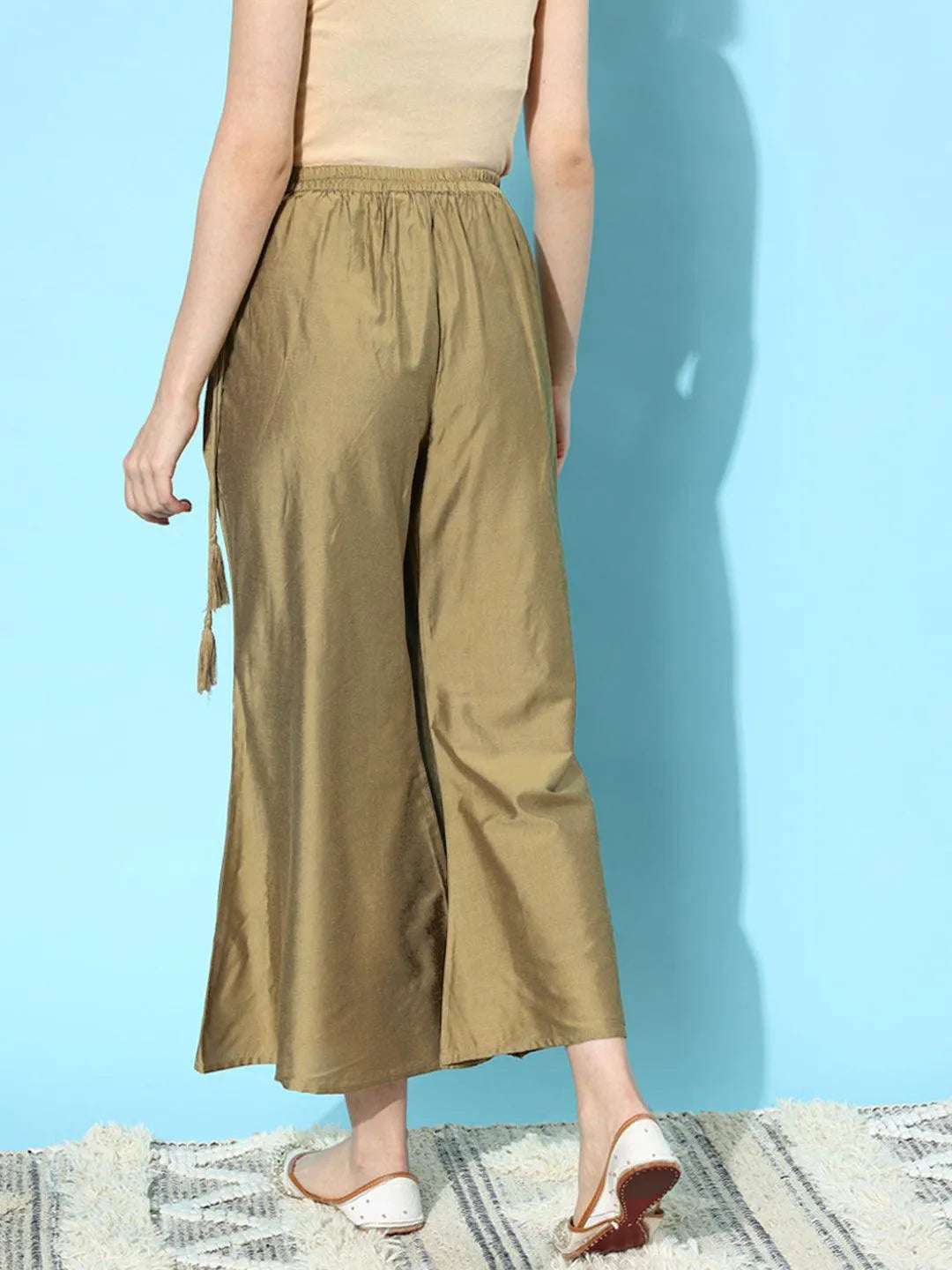 Gold Solid Silk Palazzos - Libas 