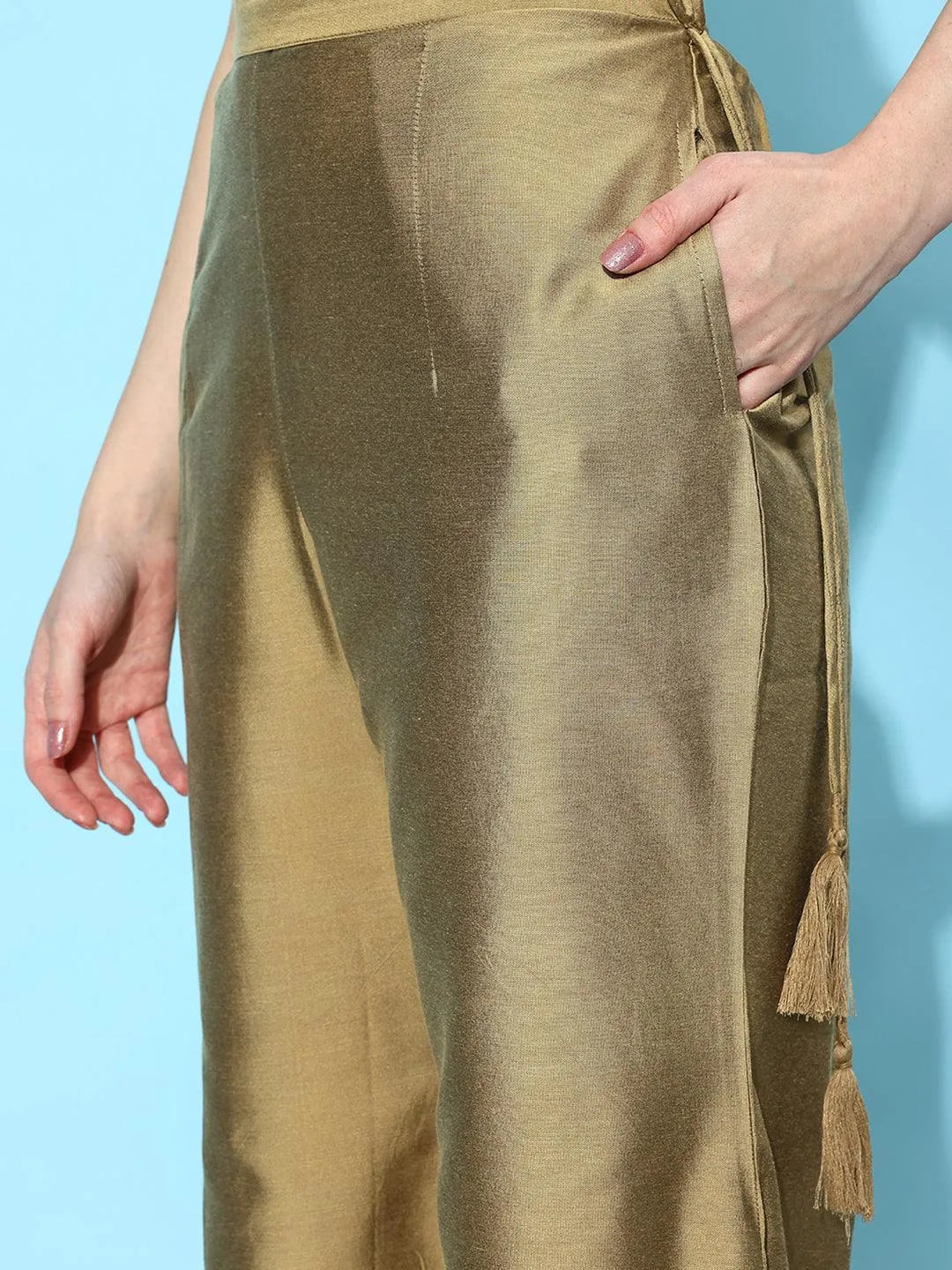 Gold Solid Silk Palazzos - Libas