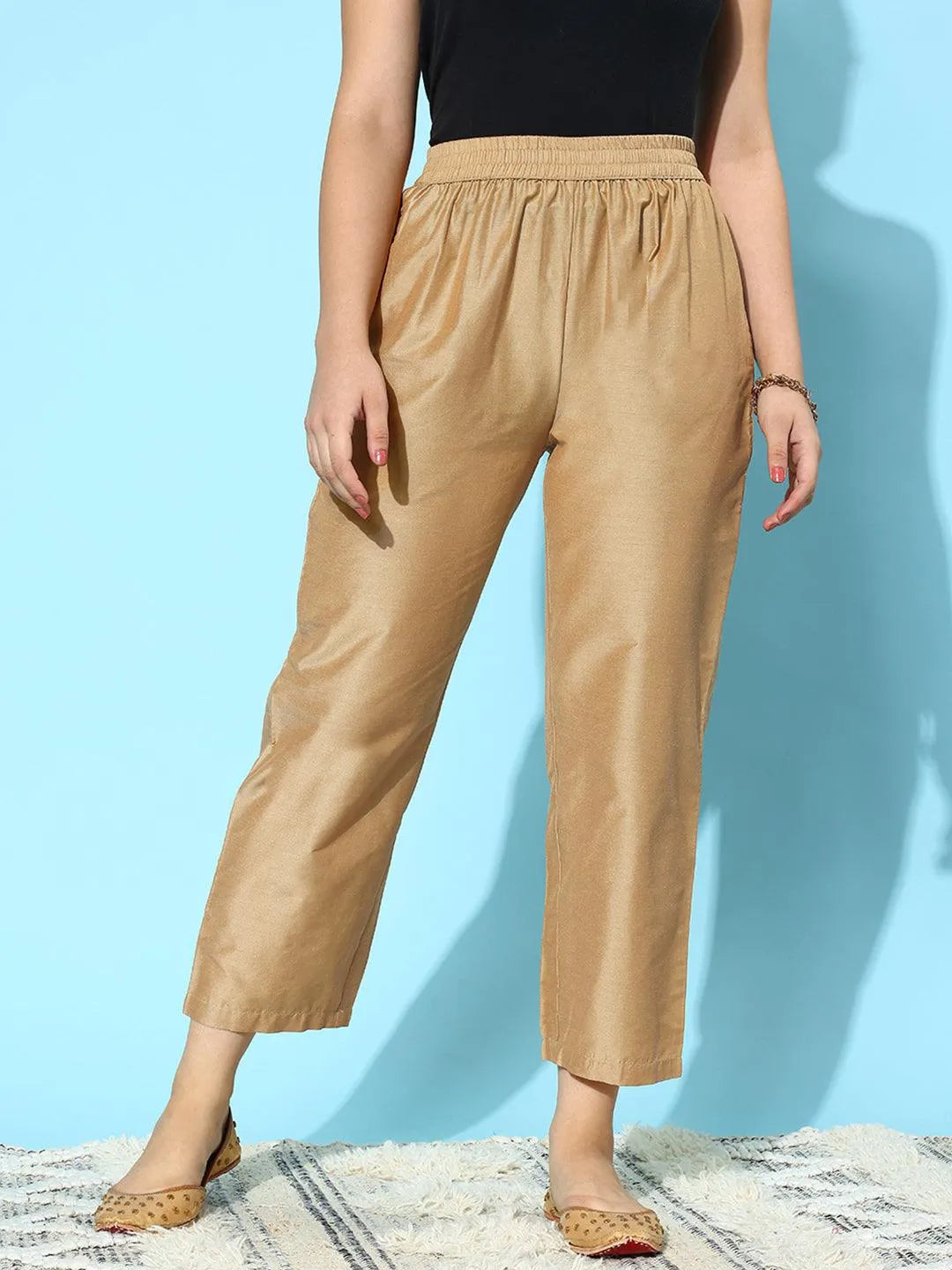 Gold Solid Silk Trousers - Libas 