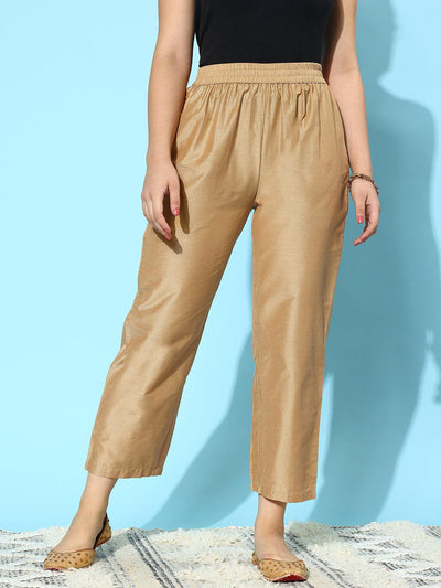 Gold Solid Silk Trousers - Libas