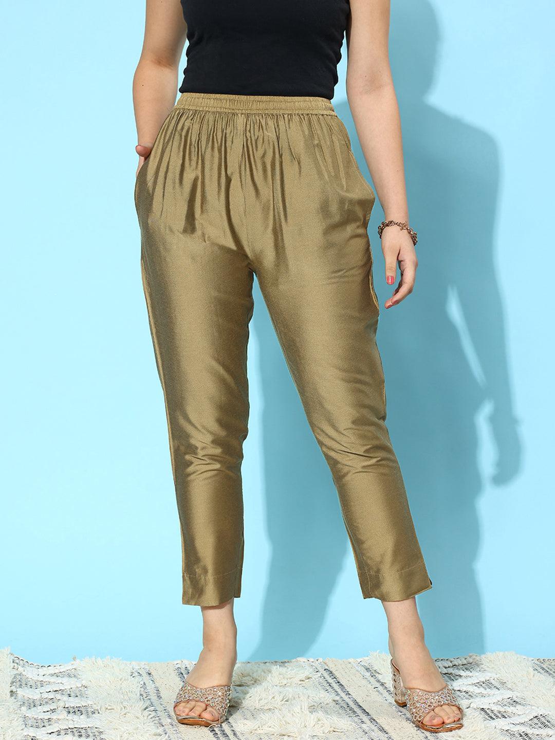 Gold Solid Silk Trousers