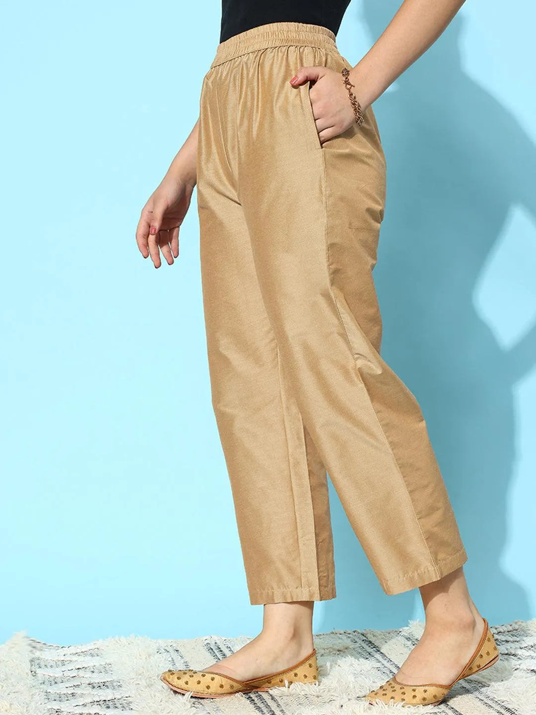 Gold Solid Silk Trousers - Libas 