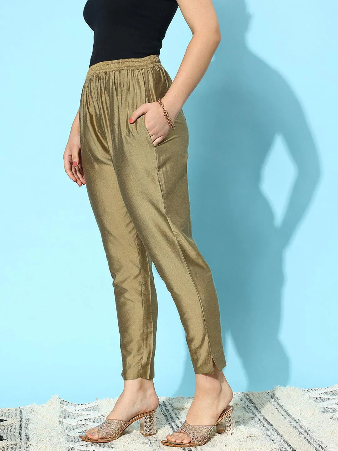 Gold Solid Silk Trousers - Libas 
