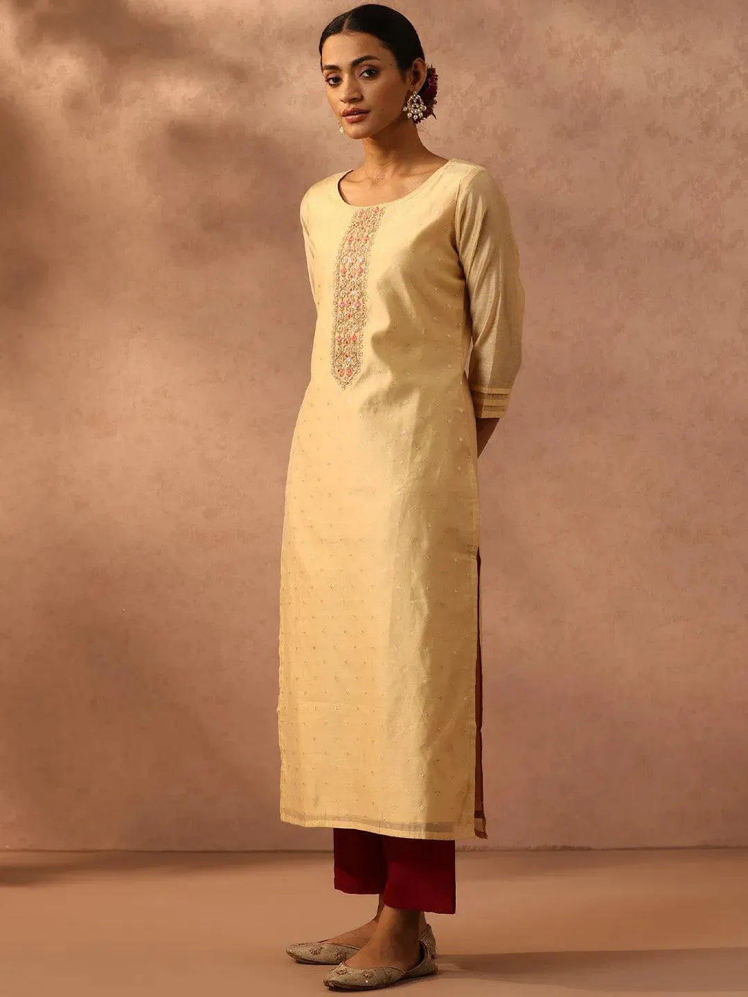 Gold Embroidered Chanderi Silk Straight Kurta - Libas 