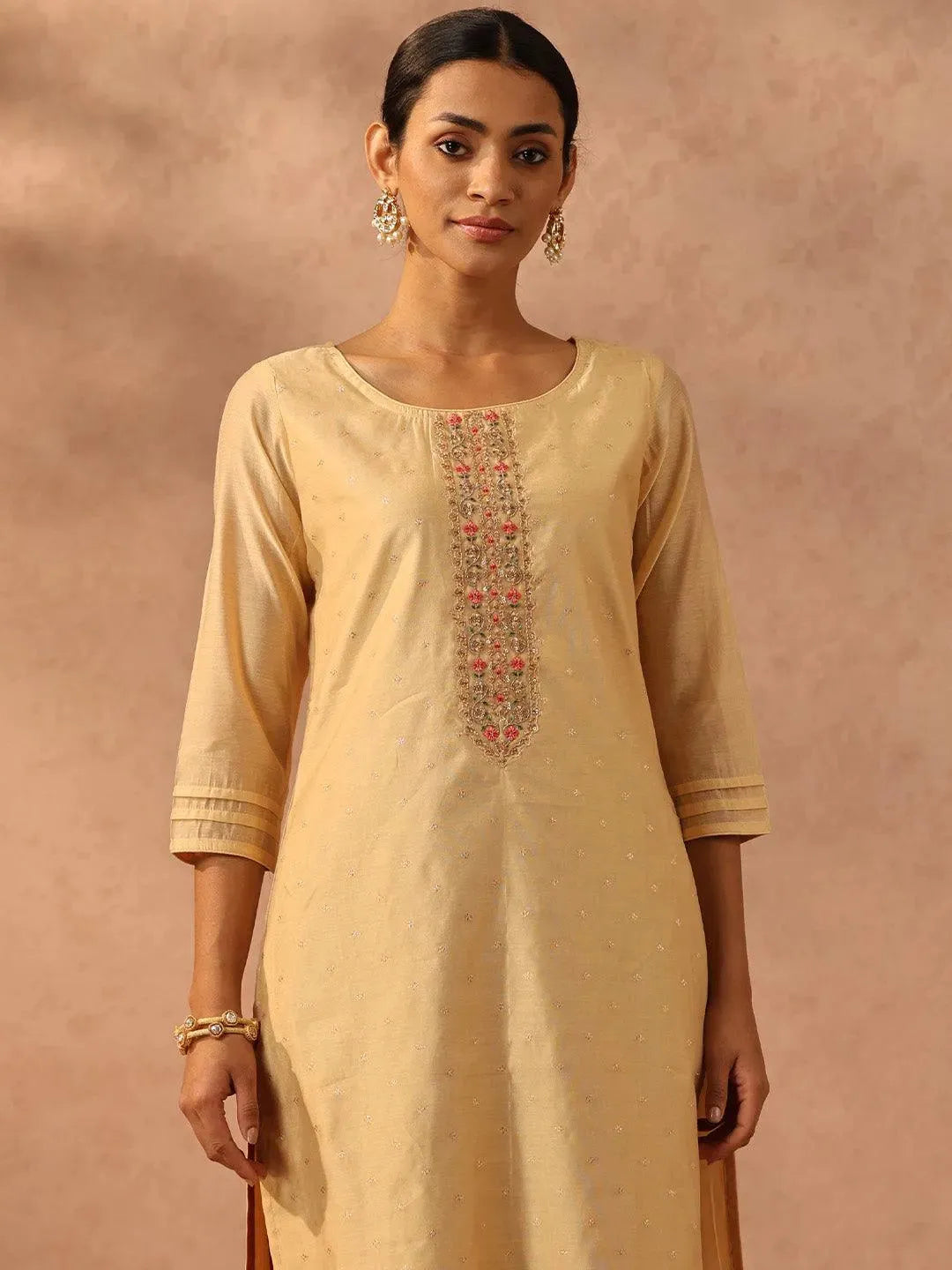 Gold Embroidered Chanderi Silk Straight Kurta - Libas