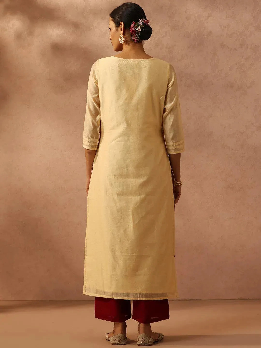 Gold Embroidered Chanderi Silk Straight Kurta - Libas 