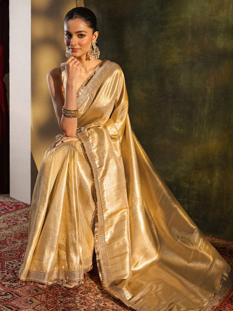 Libas Gold Woven Design Silk Blend Saree With Unstitched Blouse Piece