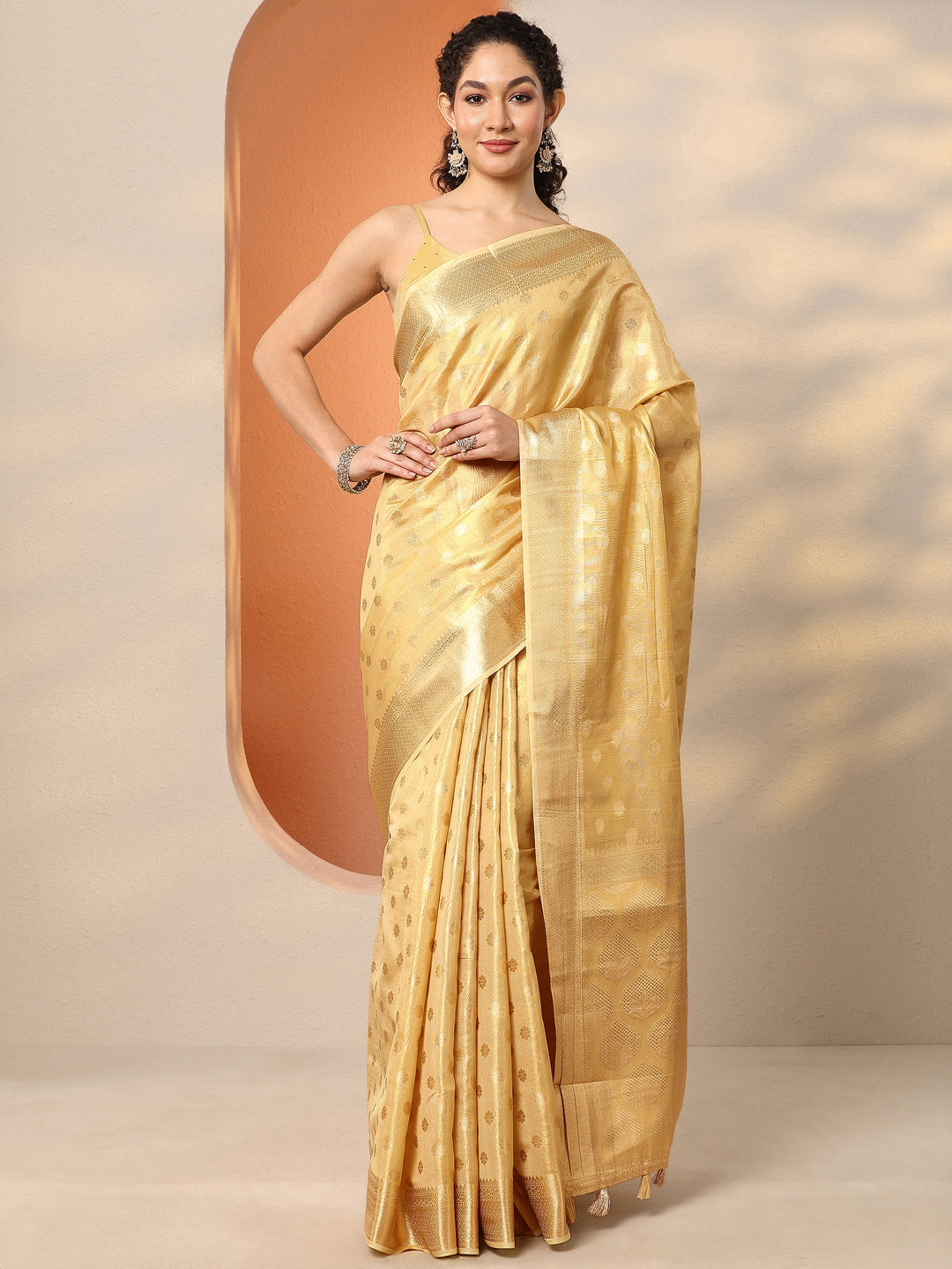  Gold Woven Design Silk Blend Saree With Unstitched Blouse Piece 
