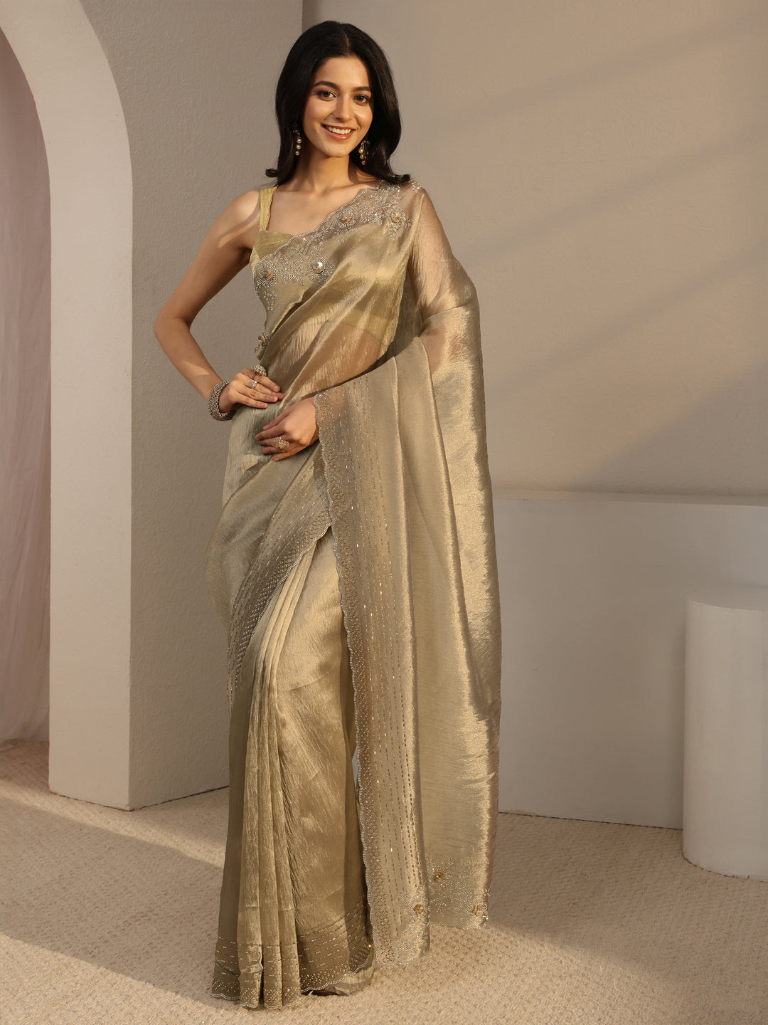 Golden Embellished Tissue Saree With Unstiched Blouse Piece