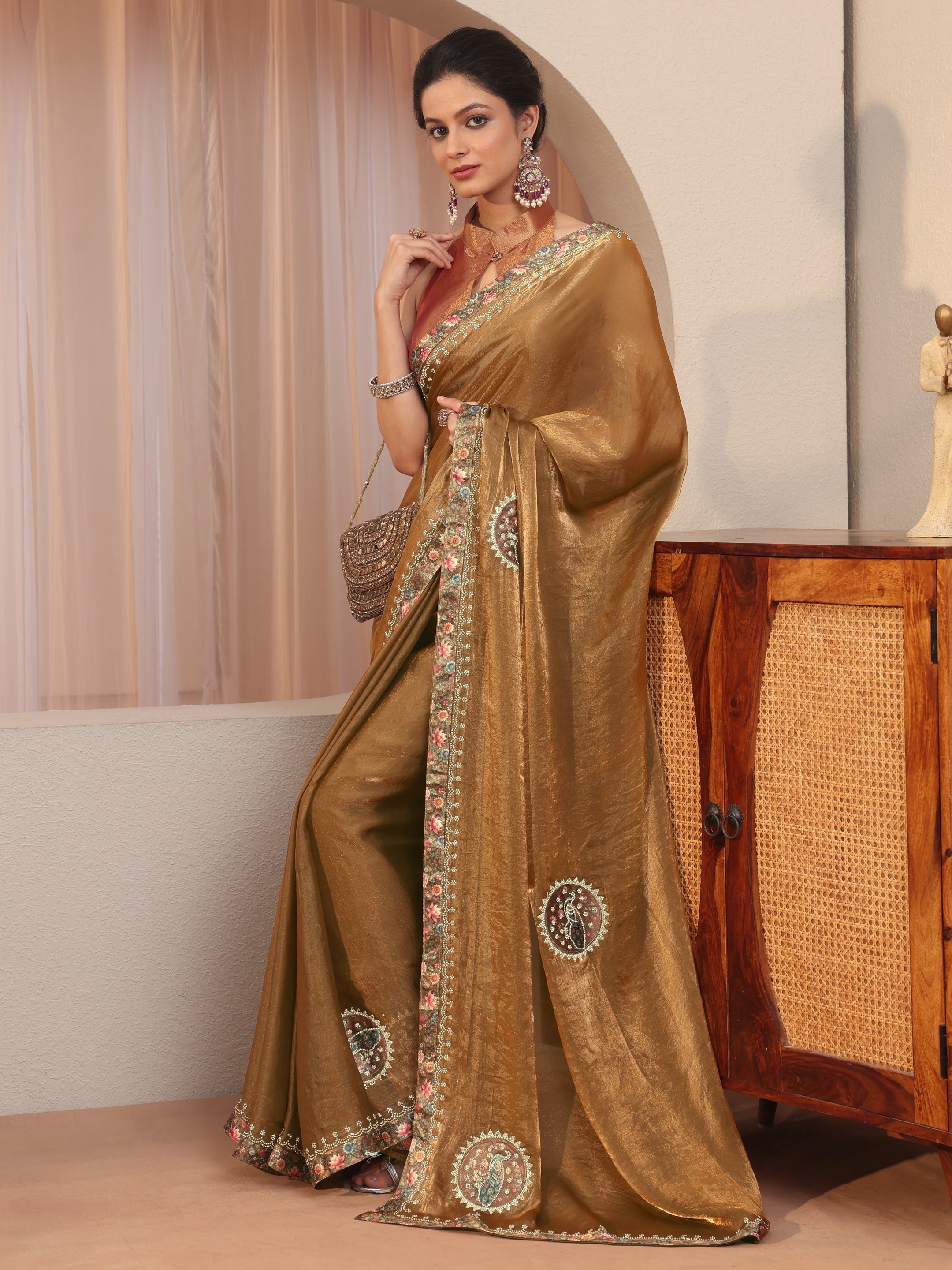 libas Golden Tissue Saree With Embellished Peacock Motifs-picture-16