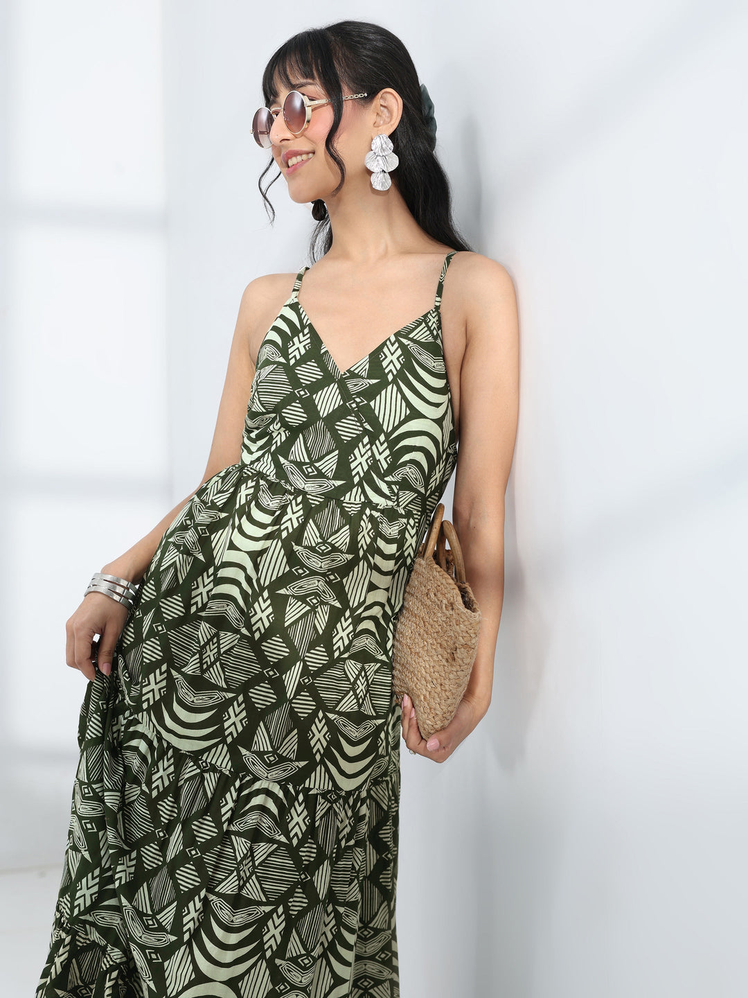  Green Abstract Printed Cotton One-Piece Tiered Dress 