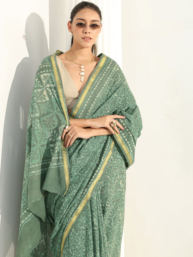 Libas Sage Green Abstract Batik Print Cotton Saree