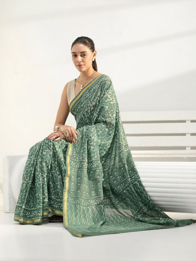 Libas Forest Green Abstract Batik Print Cotton Saree