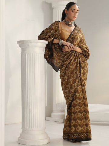 Green Bagru Print Cotton Saree