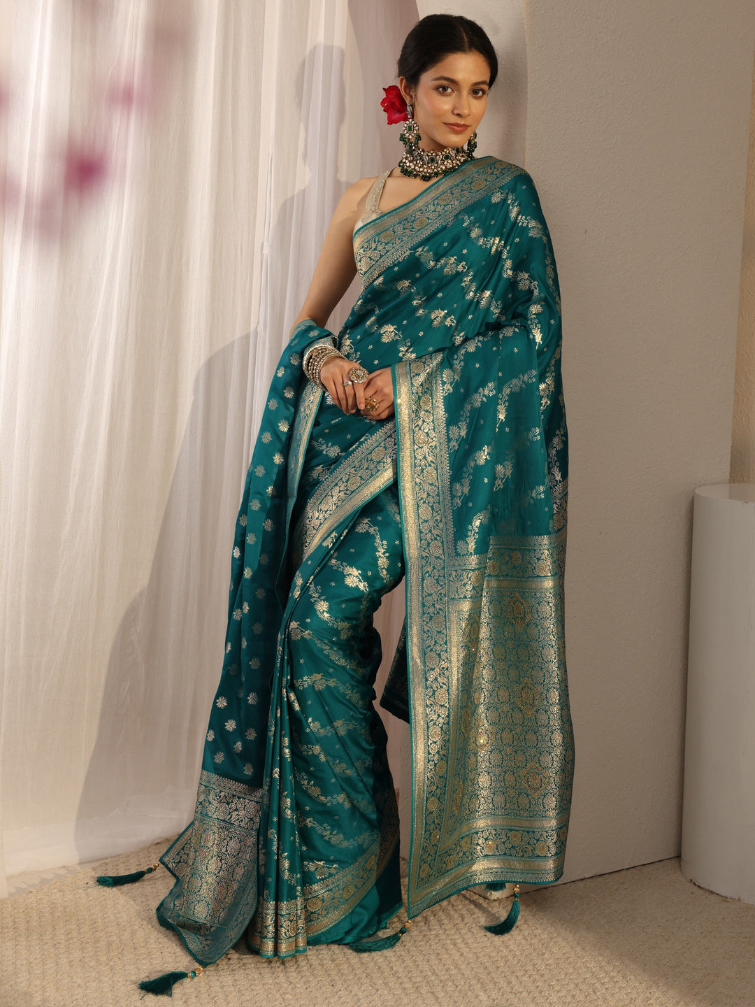  Libas Green Banarasi Satin Saree With Unstiched Blouse Piece And Dupatta 