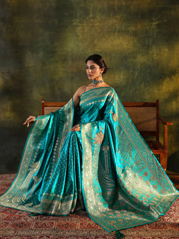 Green Banarasi Silk Saree With Unstitched Blouse And Dupatta