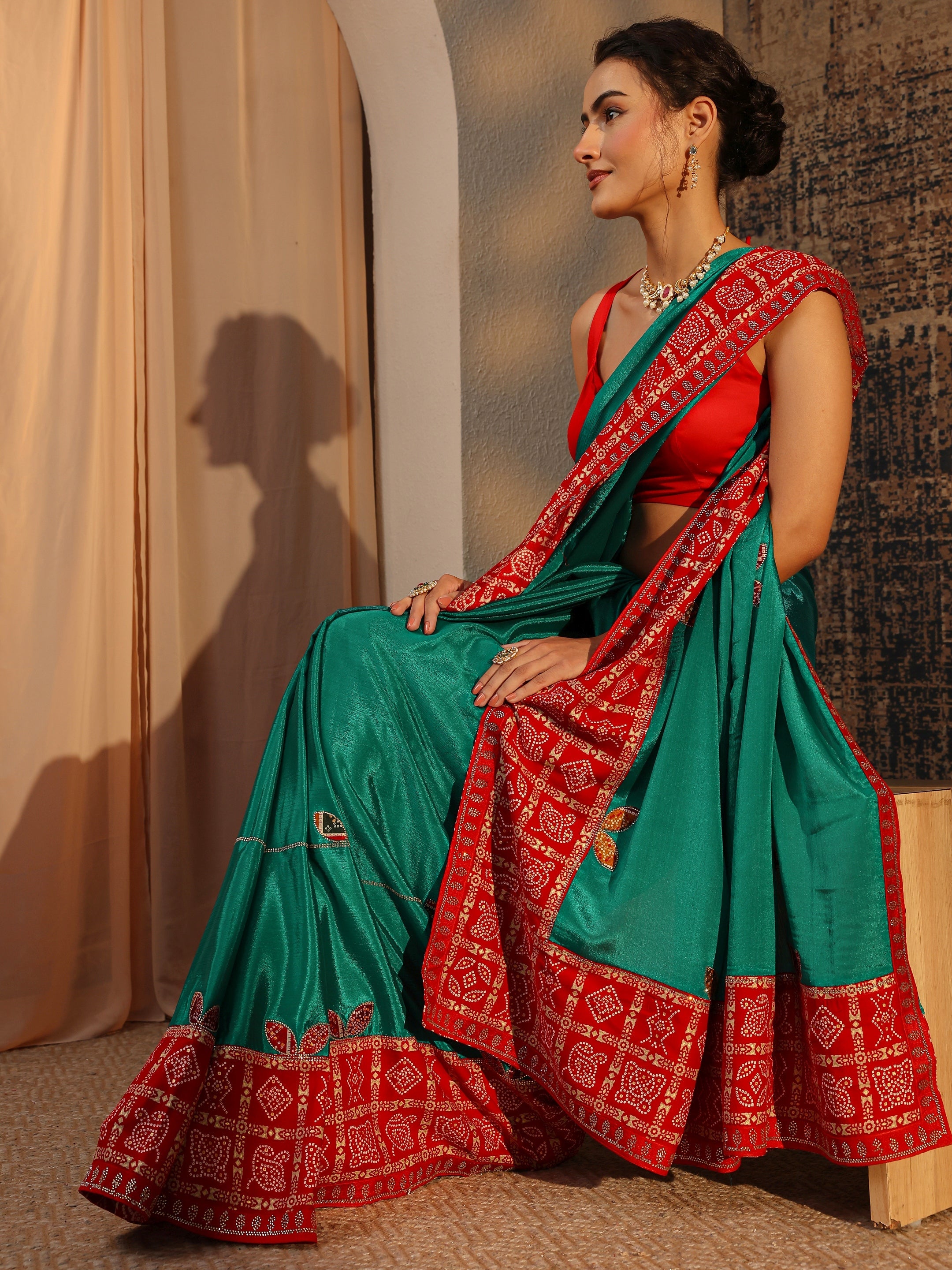 libas Green Bandhani Embellished Silk Blend Saree With Unstitched Blouse Piece-picture-29