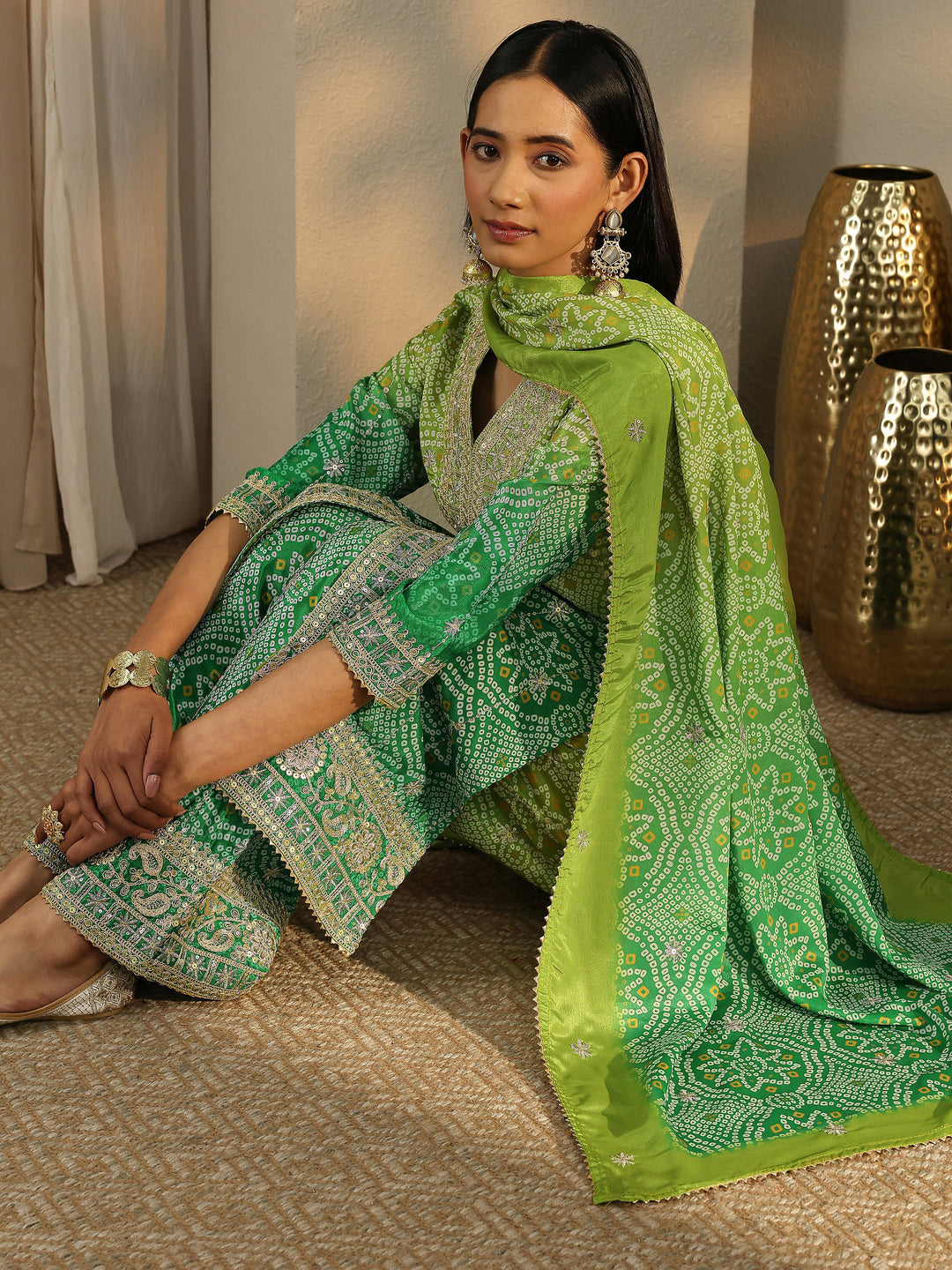 Green Bandhani Embroidered Chinon Straight Suit Set With Dupatta