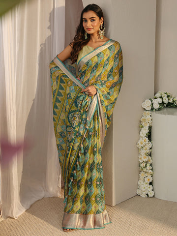 Green Bandhani Printed Chiffon Saree With Unstitched Blouse Piece