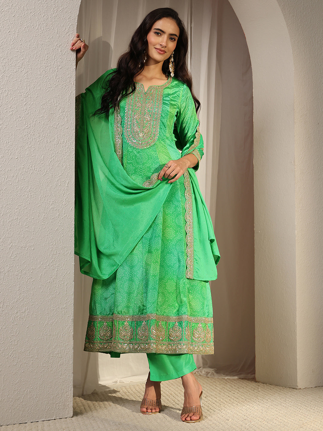 Green Bandhani Printed Chinon Anarkali Suit Set With Dupatta-image-11