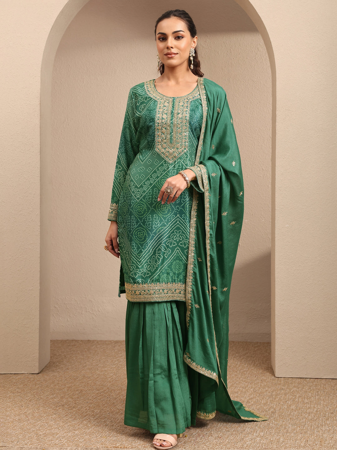 Green Bandhani Printed Chinon Straight Sharara Suit Set With Dupatta