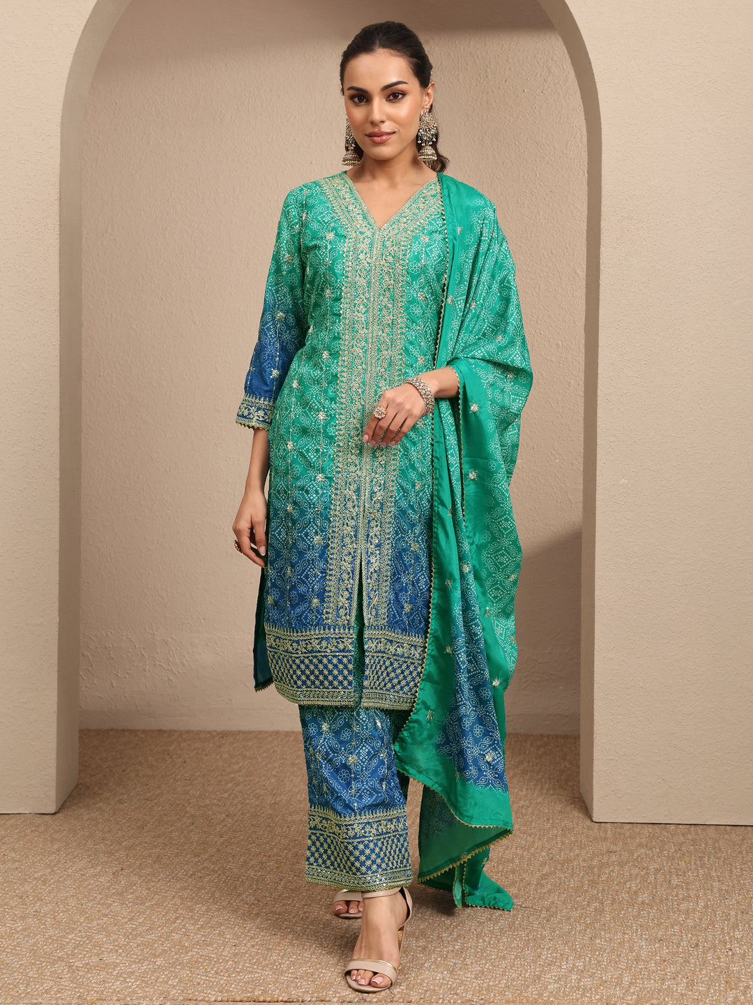 Green Bandhani Printed Chinon Straight Suit Set With Dupatta