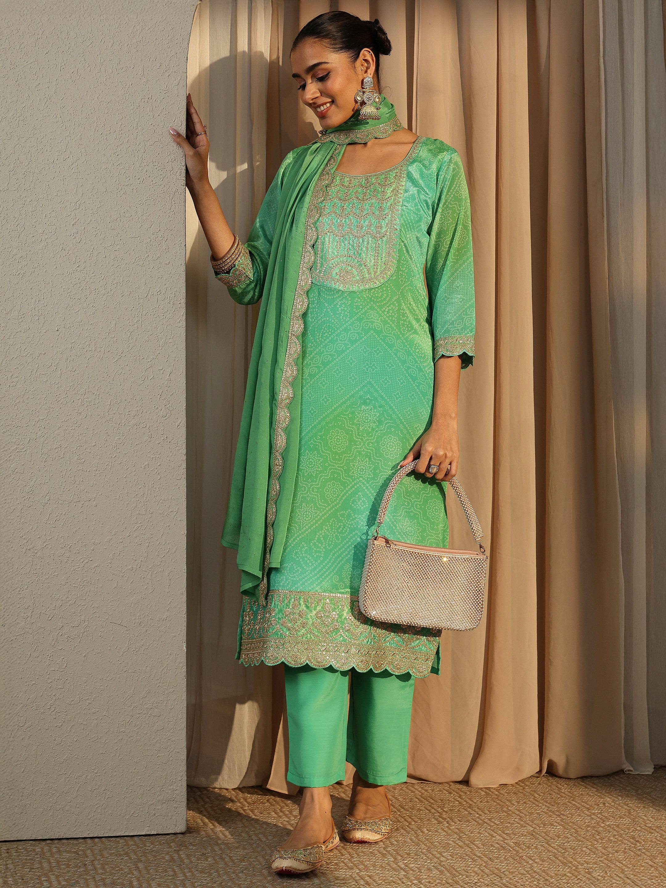 libas Green Bandhani Printed Chinon Straight Suit Set With Dupatta-picture-65