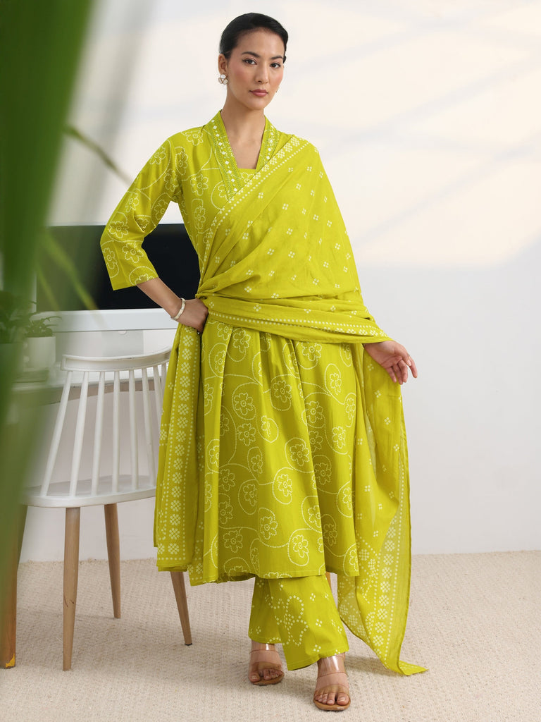 Gerua Green Bandhani Printed Cotton Blend A-Line Suit Set With Dupatta