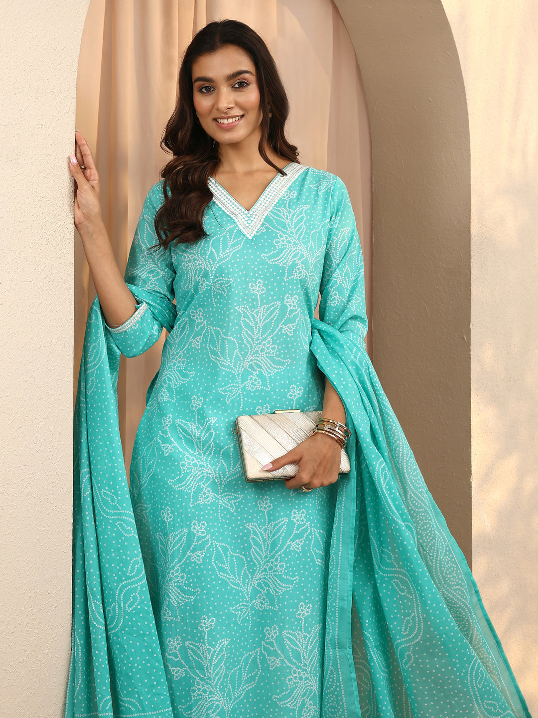 Green Bandhani Printed Cotton Suit Set With Dupatta