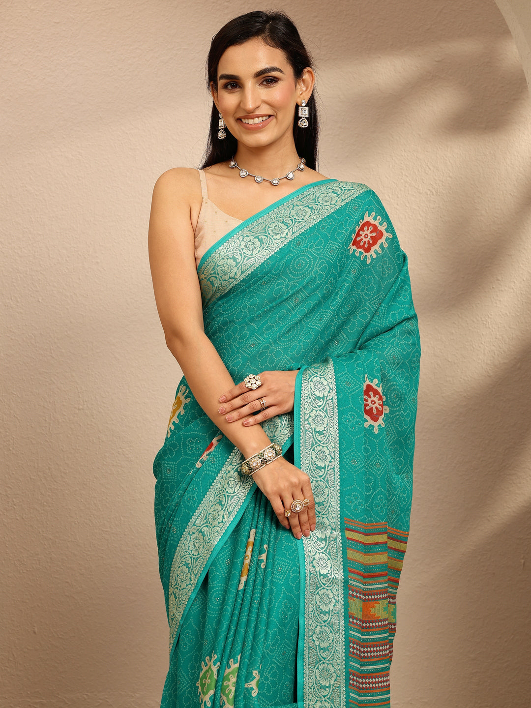  Green Bandhani Printed Georgette Saree With Unstitched Blouse Piece 