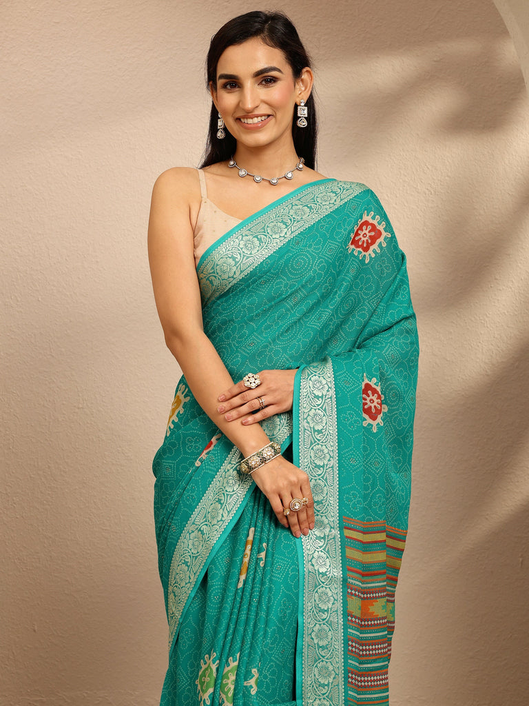 Libas Green Bandhani Printed Georgette Saree With Unstitched Blouse Piece