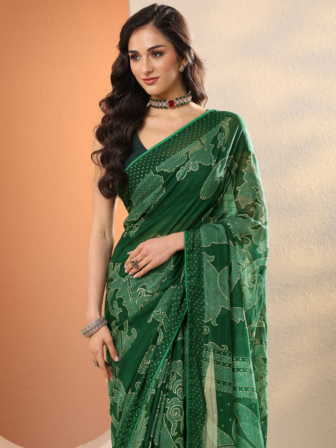 Green Bandhani Printed Georgette Saree With Unstitched Blouse Piece