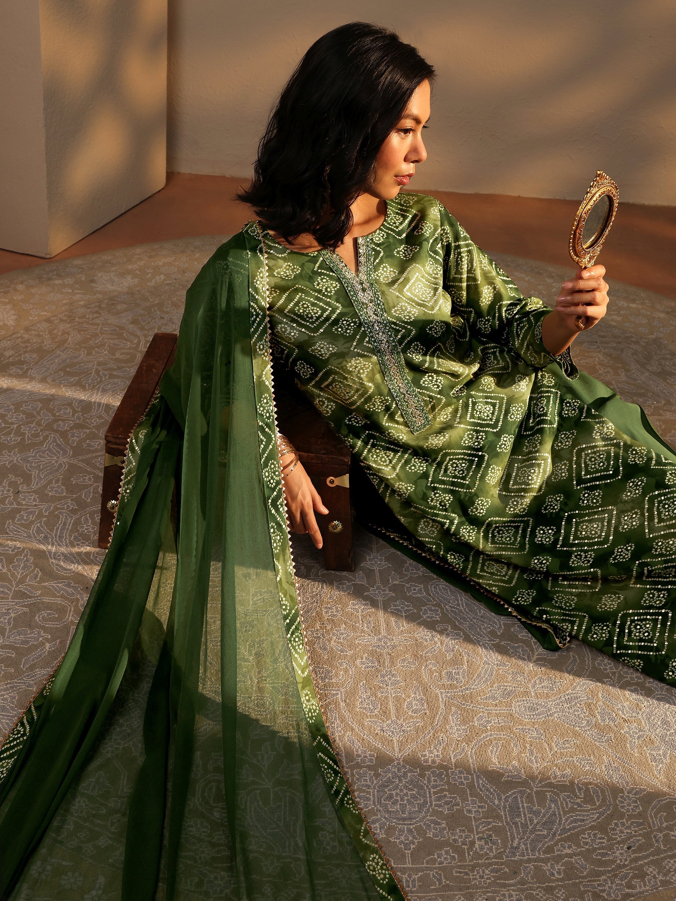libas Green Bandhani Printed Rayon Straight Suit Set With Dupatta-picture-26
