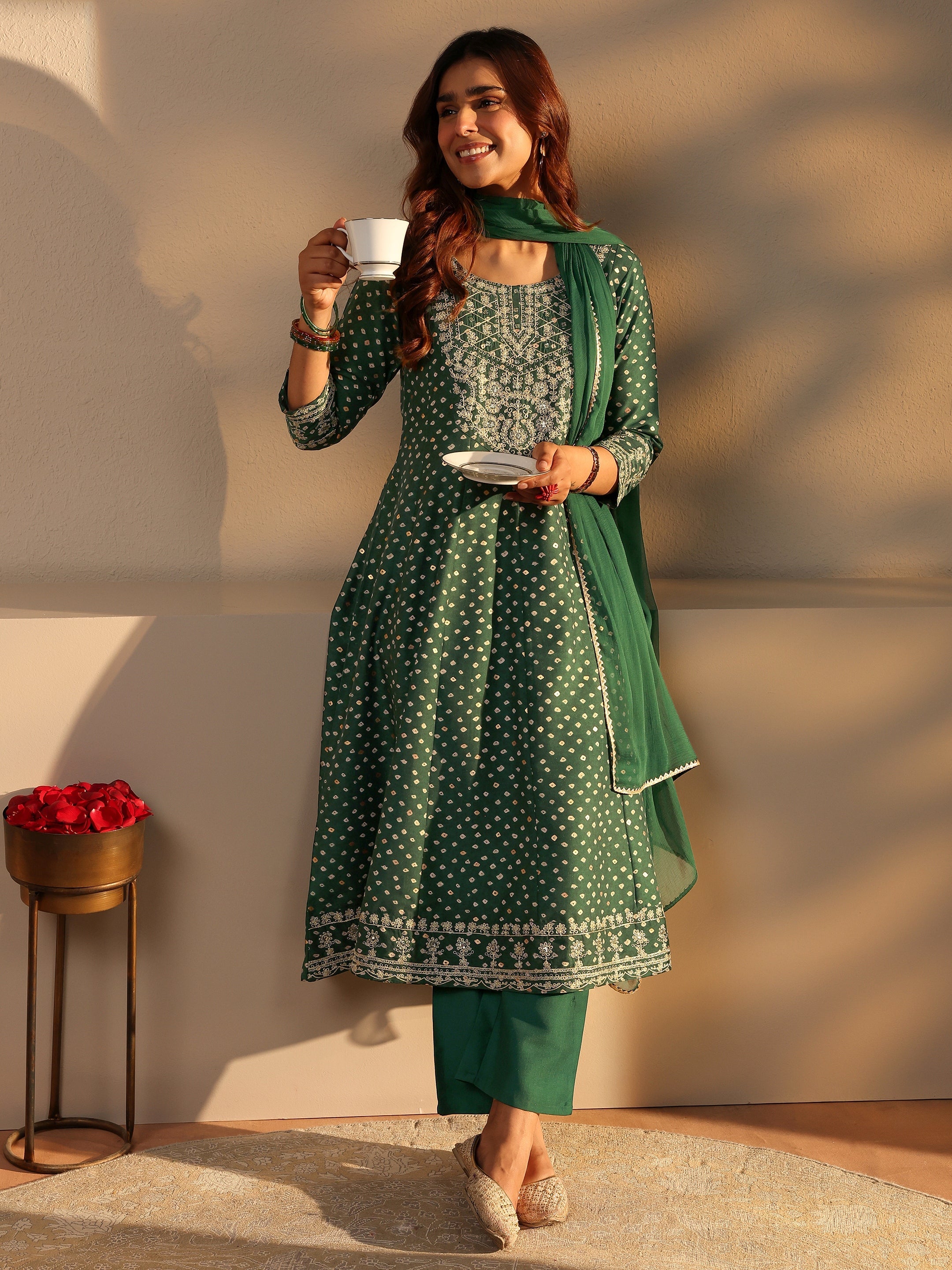 Green Bandhani Printed Silk Blend A-Line Suit Set With Dupatta-image-10