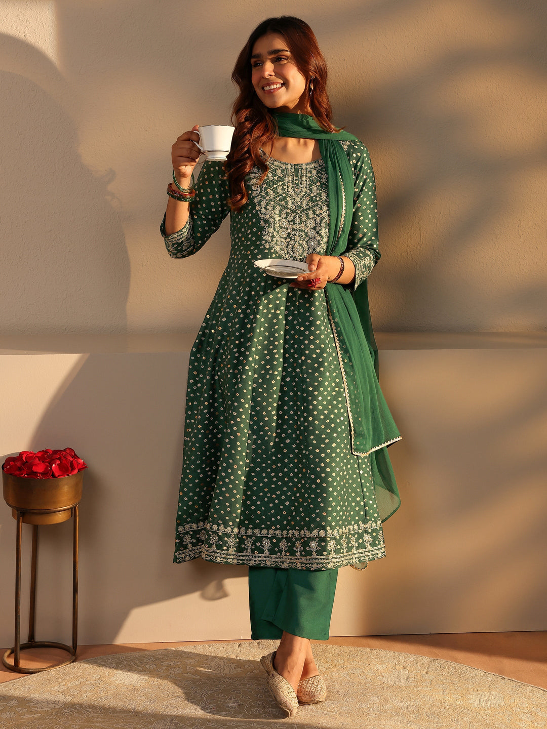  Green Bandhani Printed Silk Blend A-Line Suit Set With Dupatta 