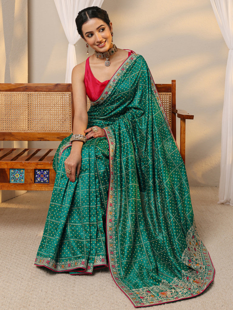 Libas Green Bandhani Printed Silk Blend Saree With Unstitched Blouse Piece