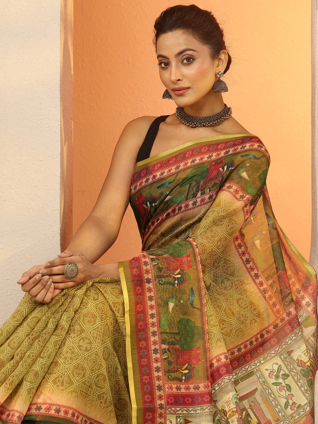  Green Bandhani Printed Silk Blend Saree With Unstitched Blouse Piece 